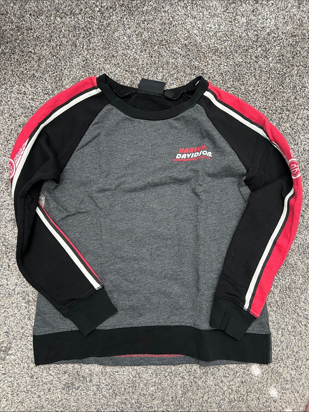 Harley-Davidson Gray Crewneck Sweater with Black & Red Sleeve Stripes